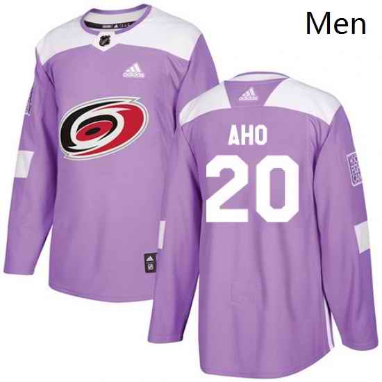 Mens Adidas Carolina Hurricanes 20 Sebastian Aho Authentic Purple Fights Cancer Practice NHL Jersey
